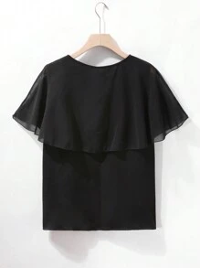 SHEIN Clasi Blusa negra holgada de mujer talla grande con decoración de perlas y mangas de murciélago de gasa - Negro - Ver 2