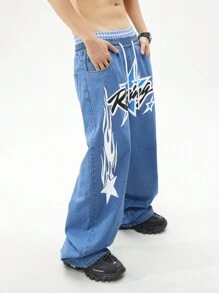 ROMWE MEN Prep Men's Lace-Up Pocket Letter Print Casual Plain Jeans