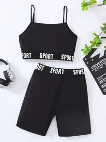 SHEIN Leap Crew Teen Girls Casual Sports Black Spliced Elastic Band Graphic Top And Bike Shorts - Black - View 3