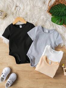 SHEIN 4pcs Baby Boy/Girl Knitted Soft Crew Neck Short Sleeve Bodysuit Sets