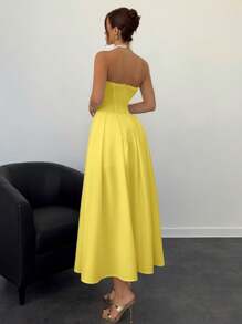 Aloruh 女士新款秋冬深 V 领性感优雅派对/场合鱼骨缝花卉胸罩杯 A 字褶皱超长紧身连衣裙，白色 - 黃色 - 查看 3