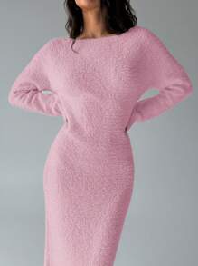 Aloruh 女士秋冬露肩宽松长款毛衣连衣裙 - 淺粉色 - 查看 8