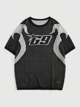 Prep Men's Jersey Round Neck Numeric Print Sports Casual Knitted Sweater, Street Fashion