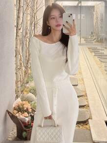 DAZY Blusa casual de manga larga con hombros oblicuos de unicolor, estilo minimalista para uso diario en otoño - Blanco - Ver 8