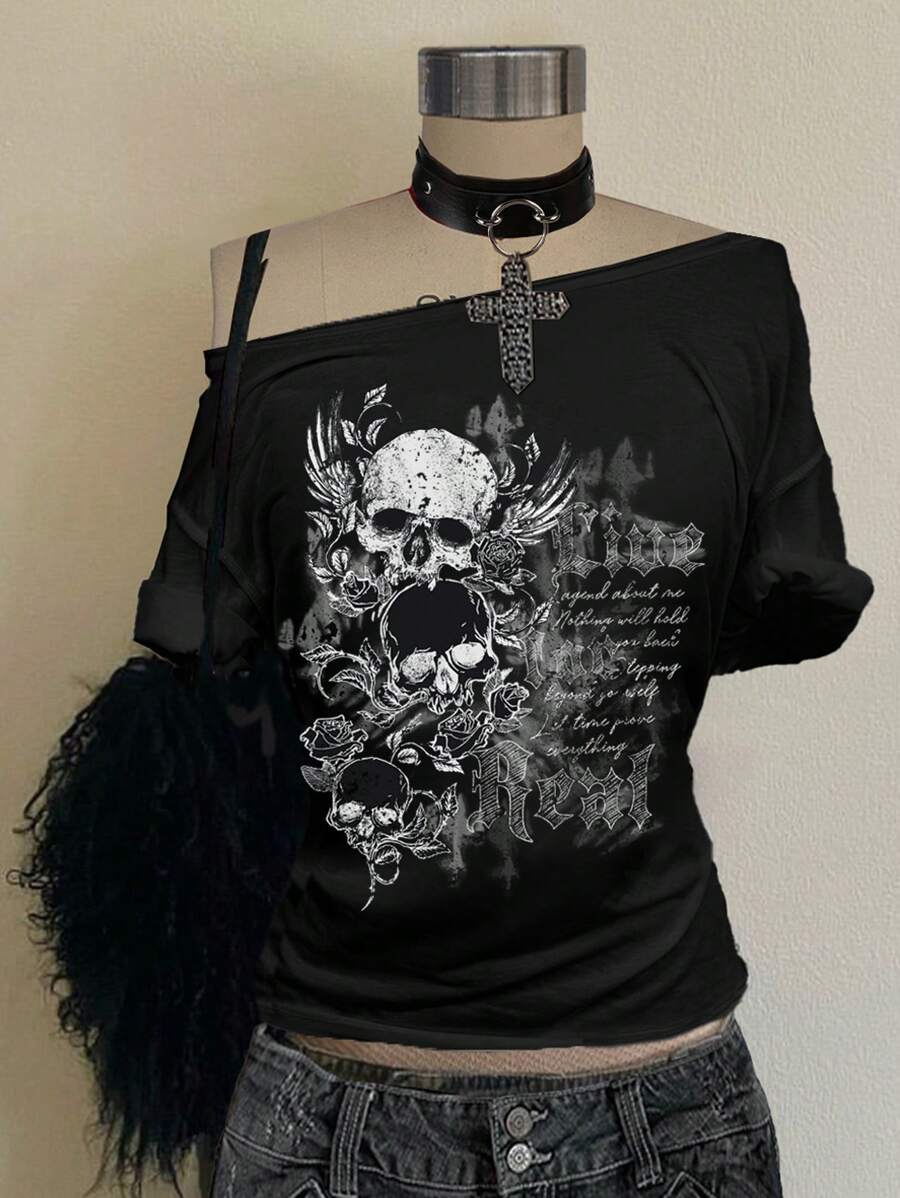 Attitoon Casual Loose Fit Women's T-Shirt Suitable For Summer, Punk Dark Skull Graphic And Gothic English Text Print, Y2K Style Back To School