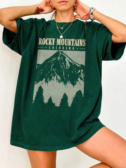 INAWLY Damska letnia luźna, swobodna koszulka z nadrukiem górskim i literowym, okrągłym dekoltem, oversize, koszulki graficzne, damskie topy