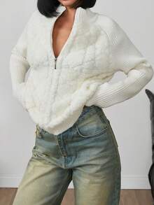 EURMUSE Casual Quilted Buckle Yarn Rib Knit Mock Turtle Neck Texture Pattern Premium Allert Cardigan With Zip,Tall In Women,Cardigans,Long Cardigans Woman,Petite,Tall - White - View 3