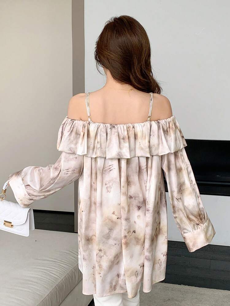 Women's Elegant Casual Vacation Floral Print Long Sleeve Off Shoulder Ruffle Collar Blouse, Summer Boho