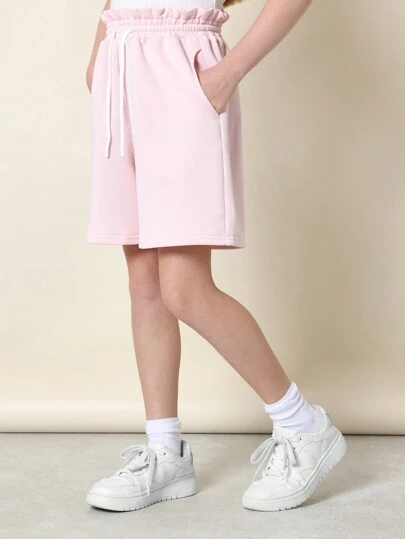 SUMWON Mysiga atletiska fleece-träningsshorts med dragsko i midjan och fickor, paperbag-shorts med hög midja, avslappnade sport- och träningsshorts för sommaren