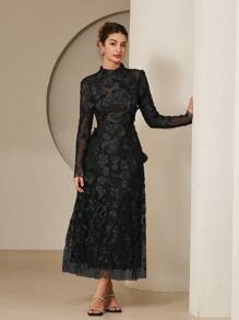 Aveloria Rosie 奢华派对 3D 花卉刺绣优雅浪漫立领收腰长袖女式连衣裙 - 黑色 - 查看 7