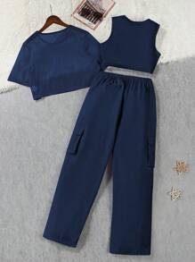 Cami Top & Flap Pocket Side Pants & Sheered Crop Tee - Royal Blue - View 2
