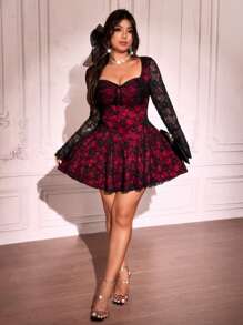 Viva Relle 女士加大码花卉蕾丝心形领长袖优雅连衣裙，情人节 - 酒紅色 - 查看 3