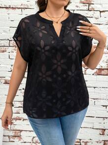 SHEIN Clasi 大码女式花卉网纱V领短袖上衣，适合度假、音乐会、热带风情、乡村音乐会、锐舞派对等场合，夏季百搭，春季女装 - 黑色 - 查看 6