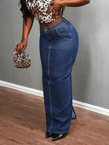 SHEIN Slayr 女式口袋长款修身休闲牛仔半身裙 - 深色水洗藍 - 查看 7