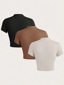 SHEIN EZwear Set de 3 camisetas de manga corta con cuello de pico y cierre de mujer de unicolor ajustadas - Multicolor - Ver 2
