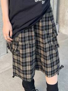 FRIFUL Pantalones cortos casuales para mujer con bolsillo a cuadros y diseño minimalista para uso diario - Multicolor - Ver 4