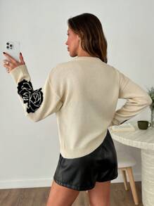 SHEIN Élégant cardigan col rond jacquard de couleur contrastée avec motif floral premium