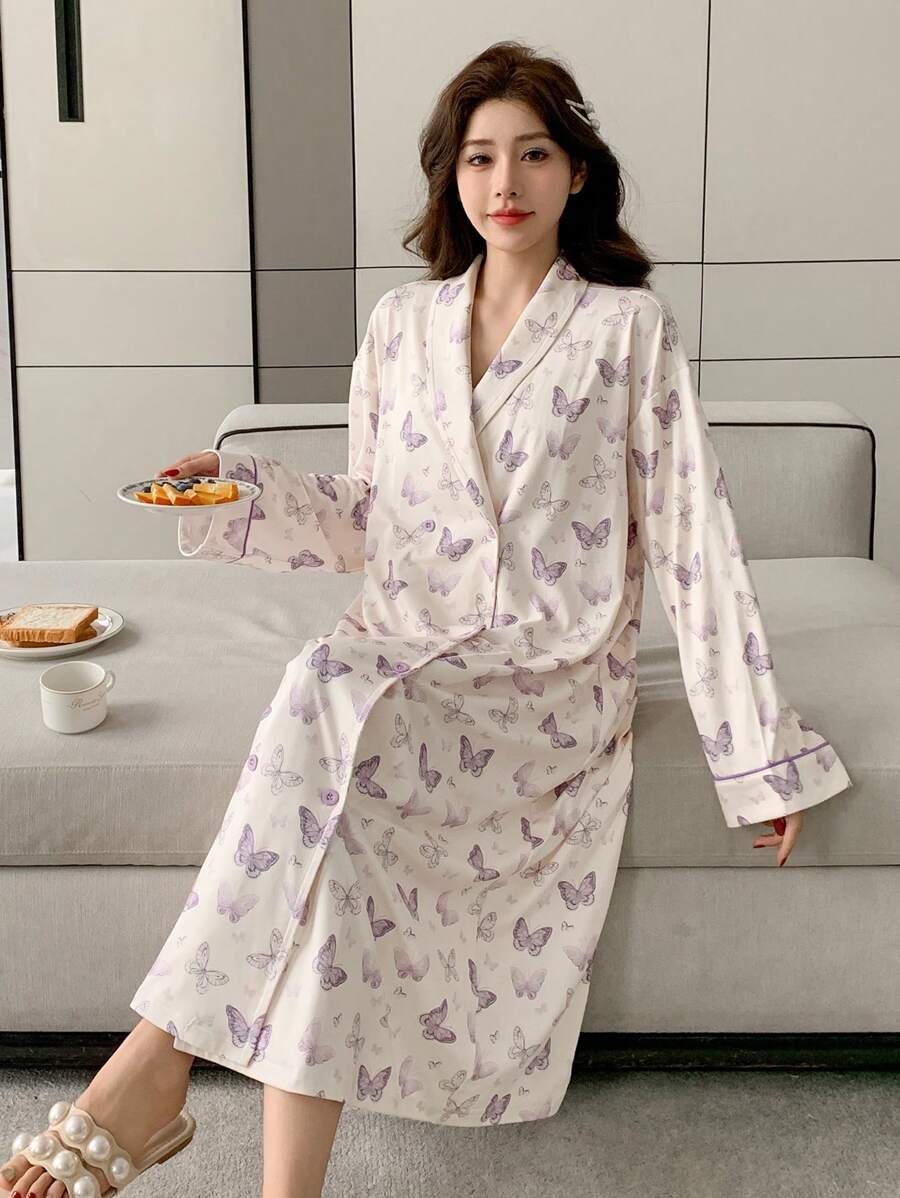 DAZY 女士休闲长袖蝴蝶全身印花宽松睡衣睡袍 - 杏色 - 查看 1