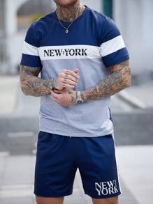 Manfinity EMRG Men's Round Neck Short Sleeve Solid Color Letter Print Patchwork Casual Basketball Jersey Style Top And Shorts Set - Multicolor - View 5