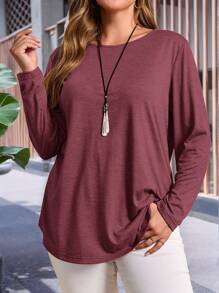 EMERY ROSE Plus Size Fall Women Solid Round Neck Long Sleeve Casual T-Shirt - Burgundy - View 3