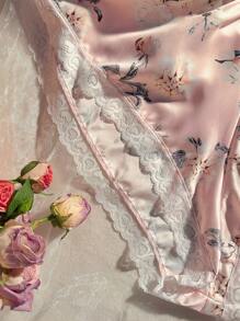 Wedding Sexy Lace Patchwork Backless Print Romper Lingerie (Wireless) Bountiful Floral Splendor - Baby Pink - View 5
