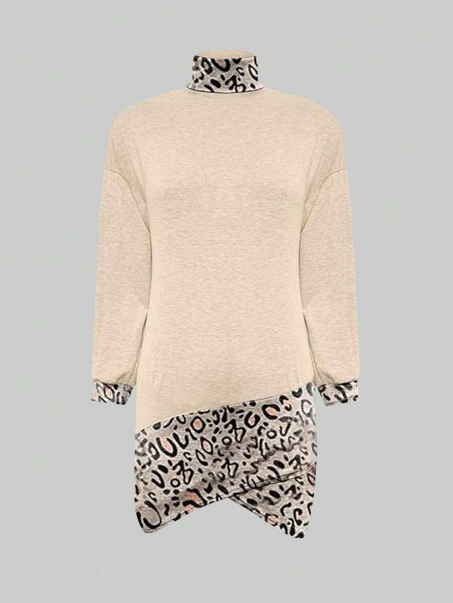 SHEIN LUNE Women Plain Color Block Stand Collar Long Sleeve Casual Short Mini Dress Fall Cloth For Women - Apricot - View 1
