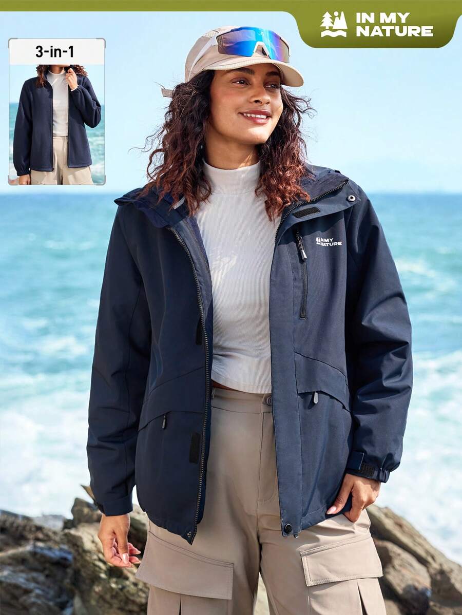 SHEIN Jas Hujan Wanita Polos Lengan Panjang dengan Resleting Depan dan Motif Huruf, Sederhana, Kasual, dan Berkerudung untuk Aktivitas Luar Ruangan - Navy Blue - View 1