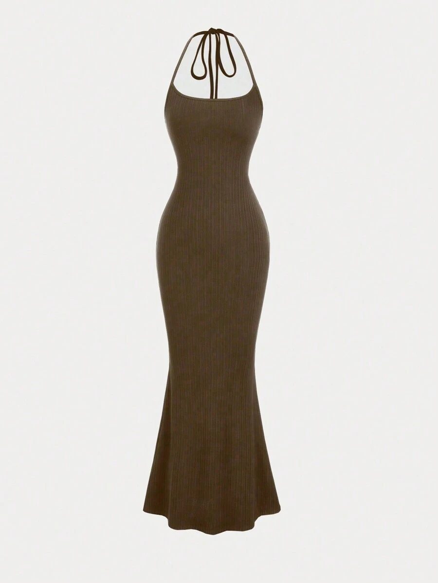 Sweetra Women Elegant Solid Color Ribbed Mermaid Hem Halter Neck Slim Long Dress, Summer Maxi Women Outfit