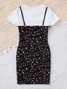 Tween Girls' Ditsy Floral Patchwork Solid Color Round Neck Casual 2 In 1 Short Sleeve Dress - Black - View 2