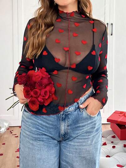 SHEIN Essnce Plus Size Women's Spring And Summer Fashion Casual Love Flocking Sexy Transparent Black Long-Sleeved Slim-Fitting Top, Going Out Tops Women, Country Concert, Date Night Women, Club Women, Crop Tops
