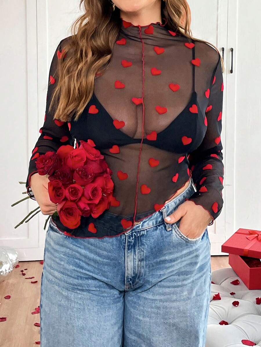 SHEIN Essnce Blusa de manga larga negra transparente y ajustada con efecto de flocado en estilo sexy y casual para mujeres de talla grande, ideal para salir, conciertos, citas y clubes