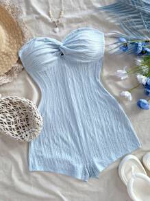 Soleia Mono informal para vacaciones de textura suave con nudo, adecuado para festivales de música, estilo bohemio, vacaciones, citas, té de la tarde - Blanco - Ver 1