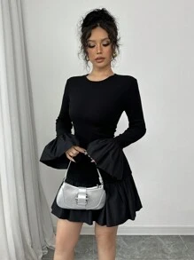 SHEIN Unity Vestido mini negro elástico y suave con mangas largas, recortes con volantes y costillas, elegante y de moda para primavera y otoño - Negro - Ver 4