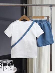 SHEIN 男童纯色圆领短袖上衣和短裤休闲两件套 - 彩色 - 查看 2