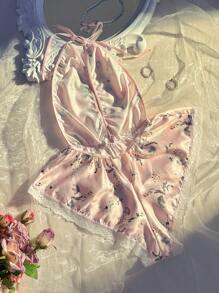 Wedding Sexy Lace Patchwork Backless Print Romper Lingerie (Wireless) Bountiful Floral Splendor - Baby Pink - View 2