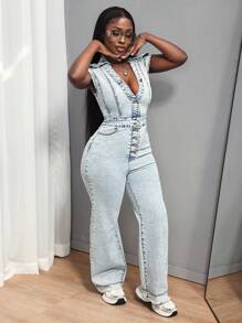 SHEIN Slayr Women's Front Button Sleeveless Pocket Casual Denim Jumpsuit - Light Wash - View 4
