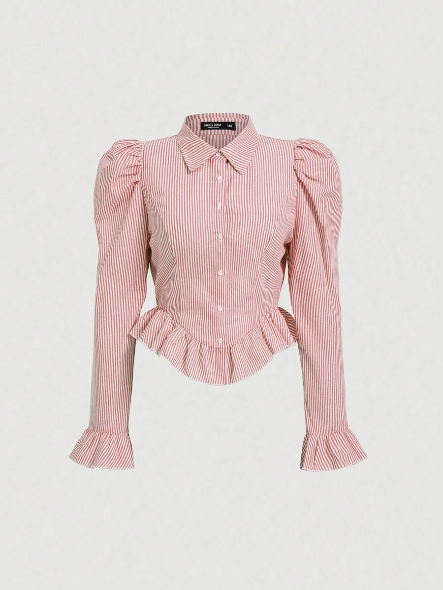 SHEIN MOD Plus Size Women Autumn Ruffle Hem Striped Long Sleeve Blouse - Red and White - View 1