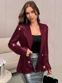 SHEIN Privé Women's Asymmetrical Two-Tone Blazer Jacket - Burgundy - View 1