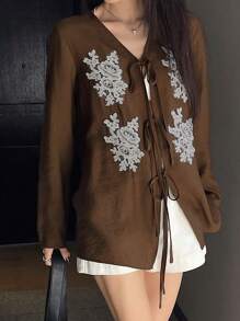 DAZY Women's Tailored Embroidered Casual & Resort Long Sleeve V-Neck Tie-Front Shirt, Spring/Summer,Fall Clothes Graphic Tee - Brown - View 5