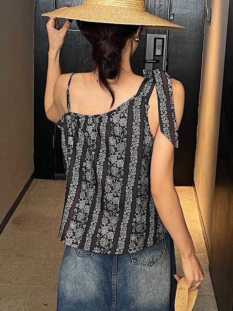 Women All-Over Floral Print Tie-Waist Ruffled Cold Shoulder Boho Casual Summer Top Vacation Outfits Women