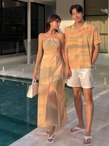 DAZY Women Solid Color Spaghetti Strap Split Hem Printed Casual Dress Sundress - Coral Orange - View 8