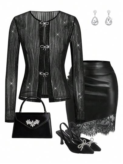 Ellevyn Blusa de manga larga con lazo decorativo de cristales, tejido brillante negro y plateado, versátil y de moda, apta para primavera, otoño, fiestas y festivales musicales