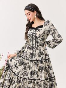 Modelyn Rochie de femeie cu mochiuri în talie cu papillon - Alb-negru - Vizualizare 4