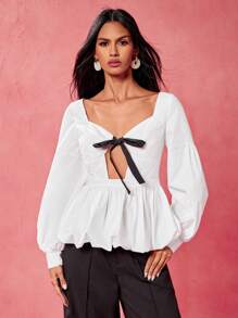 Oxana Designer Women's Business Casual Tie Front Tie Long Sleeve Casual Top, Everyday Wear, Spring & Summer, Going Out, Festival, Office - White - View 6