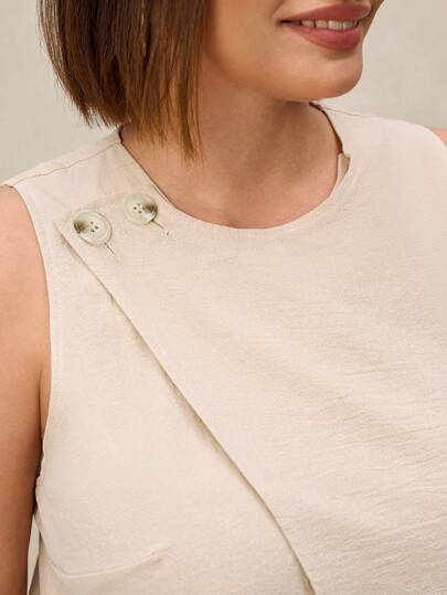 SHEIN Clasi 2 件套大码纯色前扣无袖上衣和长裤套装