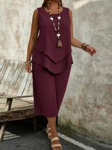 EMERY ROSE Completo da donna taglie forti con top viola smanicato semplice e pantaloncini capri, 2 pezzi, abbigliamento da vacanza, stile bohémien, outfit estivi per donna - Viola rosso - Visualizzare 5