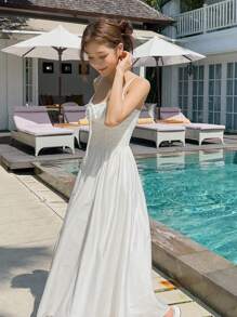 DAZY 1件优雅无袖纹理设计夏季白色长连衣裙，女式挤奶女工连衣裙，休闲女装 - 白色 - 查看 3