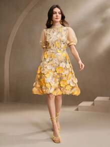 Anewsta New Spring/Summer Women Urban Elegant Mesh Embroidered Jacquard Midi Dress, Suitable For Valentine's Day, Date Night, Vacation Outfits - Yellow - View 3