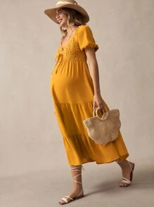 SHEIN Maternity  Boho Solid Color Puff Sleeve Sweetheart Neck Dress - Burnt Orange - View 7