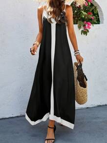 SHEIN PETITE Women Black & Apricot Contrast Color Spaghetti Strap Woven Dress - Black - View 4